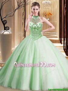 Fancy Halter Top Spring Green Lace Up Ball Gown Prom Dress Beading Sleeveless With Brush Train