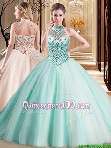 Sumptuous Apple Green Ball Gowns Tulle Halter Top Sleeveless Beading With Train Lace Up 15th Birthday Dress Brush Train
