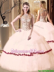 Luxury Scoop Sleeveless Tulle Sweet 16 Dresses Beading and Appliques Lace Up