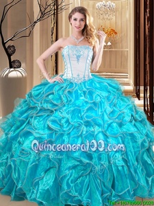 Glamorous Teal Strapless Neckline Embroidery and Ruffles Sweet 16 Dress Sleeveless Lace Up