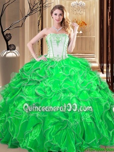 Dynamic Spring and Summer and Fall and Winter Organza Sleeveless Floor Length Sweet 16 Dress andEmbroidery and Ruffles