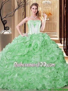 Affordable White and Green Organza Lace Up Quinceanera Gowns Sleeveless Floor Length Embroidery and Ruffles