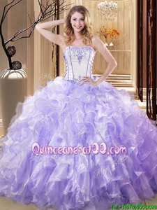 Low Price Embroidery and Ruffles Sweet 16 Quinceanera Dress White and Lavender Lace Up Sleeveless Floor Length