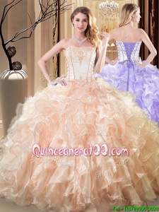 Designer White and Yellow Lace Up Strapless Embroidery and Ruffles Quinceanera Dress Organza Sleeveless