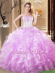 Excellent White and Lilac Ball Gowns Organza Strapless Sleeveless Embroidery and Ruffles Floor Length Lace Up Quinceanera Gown