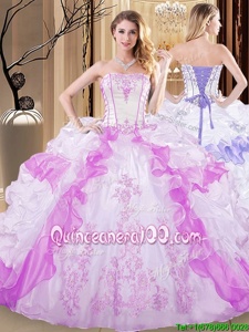 Hot Sale White and Lilac Sleeveless Floor Length Embroidery and Ruffled Layers Lace Up Sweet 16 Dress