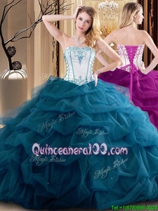 Fashionable White and Teal Lace Up 15 Quinceanera Dress Embroidery and Ruffled Layers Sleeveless Floor Length