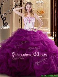 Pretty Strapless Sleeveless Quinceanera Dress Floor Length Embroidery and Ruffled Layers White and Fuchsia Tulle