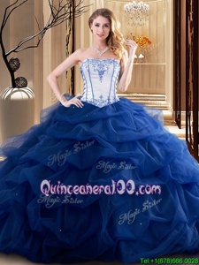 Colorful Sleeveless Tulle Floor Length Lace Up Ball Gown Prom Dress inBlue And White forSpring and Summer and Fall and Winter withEmbroidery and Ruffled Layers