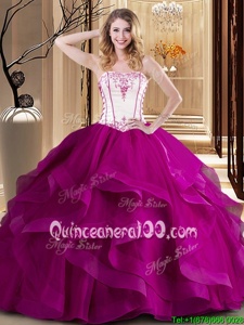 Customized White and Fuchsia Strapless Neckline Embroidery 15 Quinceanera Dress Sleeveless Lace Up