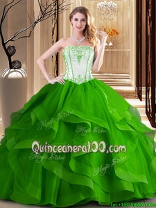 Fancy Embroidery Quinceanera Dresses White and Green and Fuchsia Lace Up Sleeveless Floor Length