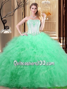 Sexy Tulle Strapless Sleeveless Lace Up Embroidery Quinceanera Dress inWhite and Spring Green