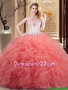 Custom Made Strapless Sleeveless Organza 15th Birthday Dress Embroidery and Ruffled Layers Lace Up