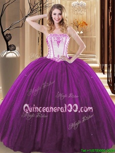 High Quality White And Purple Sleeveless Embroidery Floor Length Quinceanera Dresses