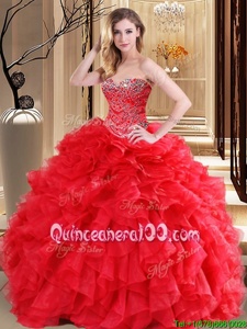 Glamorous Floor Length Ball Gowns Sleeveless Red Quince Ball Gowns Lace Up