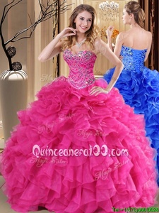 Dynamic Sweetheart Sleeveless Lace Up 15 Quinceanera Dress Hot Pink Organza
