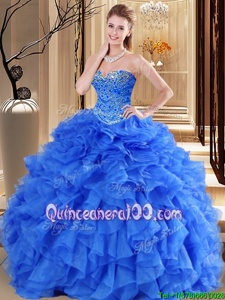 Wonderful Royal Blue Ball Gowns Beading and Ruffles Quince Ball Gowns Lace Up Tulle Sleeveless Floor Length