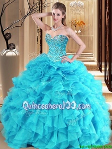 Sumptuous Aqua Blue and Turquoise Organza Lace Up Sweetheart Sleeveless Floor Length Quinceanera Dresses Beading and Ruffles