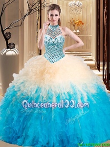 Elegant Halter Top Multi-color Tulle Lace Up Quinceanera Gowns Sleeveless Floor Length Beading and Ruffles