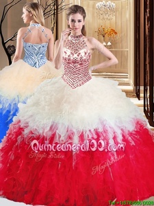 Popular White And Red Tulle Lace Up Halter Top Sleeveless Floor Length Sweet 16 Dress Beading and Ruffles