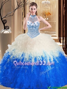 Designer Blue And White Ball Gowns Tulle Halter Top Sleeveless Beading and Ruffles Floor Length Lace Up Sweet 16 Quinceanera Dress