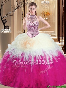 Shining Multi-color Halter Top Neckline Beading and Ruffles 15th Birthday Dress Sleeveless Lace Up