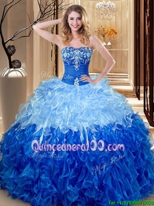 Floor Length Ball Gowns Sleeveless Multi-color and Blue And White Quince Ball Gowns Lace Up