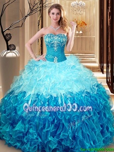 Sweetheart Sleeveless 15 Quinceanera Dress Floor Length Embroidery and Ruffles Multi-color Organza