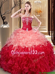 Inexpensive Sleeveless Floor Length Embroidery and Ruffles Lace Up Quinceanera Gown with Multi-color