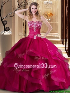 Exceptional Coral Red Ball Gowns Sweetheart Sleeveless Tulle Floor Length Lace Up Embroidery and Ruffles Sweet 16 Quinceanera Dress