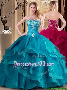 Simple Sweetheart Sleeveless Tulle Sweet 16 Dresses Embroidery and Ruffles Lace Up
