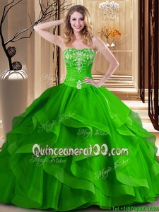 Eye-catching Spring Green Ball Gowns Sweetheart Sleeveless Tulle Floor Length Lace Up Embroidery and Ruffles Quinceanera Dress