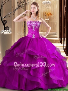 Floor Length Lace Up Sweet 16 Dresses Fuchsia and In forMilitary Ball and Sweet 16 and Quinceanera withEmbroidery and Ruffles