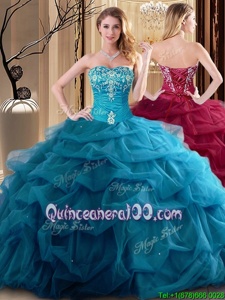 New Style Tulle Sweetheart Sleeveless Lace Up Embroidery and Ruffles 15th Birthday Dress inTeal