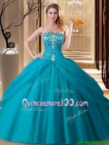 Trendy Teal Tulle Lace Up Sweet 16 Quinceanera Dress Sleeveless Floor Length Embroidery