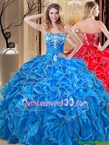 Custom Design Sweetheart Sleeveless Lace Up Quinceanera Dress Blue Organza