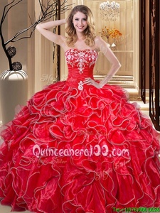 Trendy Sweetheart Sleeveless Quince Ball Gowns Floor Length Embroidery and Ruffles Coral Red Organza