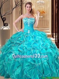 Admirable Aqua Blue Sleeveless Embroidery and Ruffles Floor Length Quince Ball Gowns