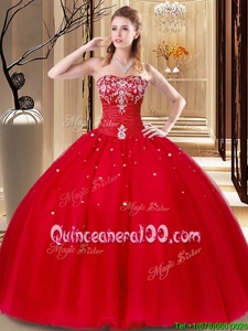 Glittering Red Ball Gowns Tulle Sweetheart Sleeveless Beading and Embroidery Floor Length Lace Up Quinceanera Gowns