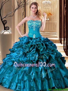 Exquisite Teal Sleeveless Floor Length Embroidery and Ruffles Lace Up 15th Birthday Dress