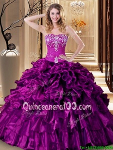 Free and Easy Sleeveless Floor Length Embroidery and Ruffles Lace Up Sweet 16 Dress with Purple
