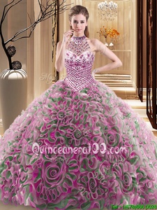 Wonderful Fabric With Rolling Flowers Halter Top Sleeveless Brush Train Lace Up Beading Vestidos de Quinceanera inMulti-color