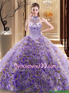 Halter Top Beading Quinceanera Gown Multi-color Lace Up Sleeveless With Brush Train