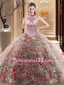 New Arrival Halter Top Sleeveless With Train Beading Lace Up Sweet 16 Dresses with Multi-color Brush Train