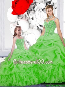 Popular Organza Straps Sleeveless Lace Up Beading and Ruffles and Pick Ups 15 Quinceanera Dress inSpring Green