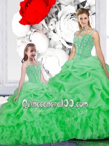 Customized Straps Straps Green Organza Lace Up Quinceanera Gowns Sleeveless Floor Length Beading and Ruffles and Pick Ups
