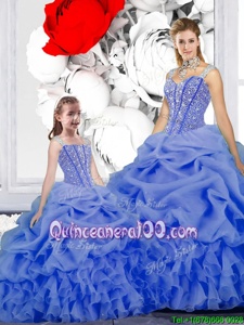 Straps Straps Beading and Ruffles and Pick Ups Sweet 16 Quinceanera Dress Blue Lace Up Sleeveless Floor Length