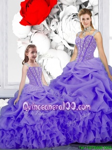 Modern Straps Straps Lavender Lace Up Quinceanera Gowns Beading and Ruffles and Pick Ups Sleeveless Floor Length