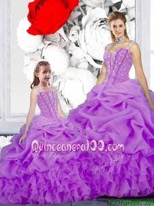 Stylish Purple Lace Up Straps Beading and Ruffles and Pick Ups Quinceanera Gowns Organza Sleeveless