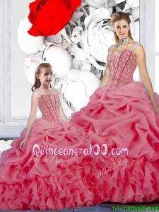 Fancy Straps Straps Rose Pink Lace Up Ball Gown Prom Dress Beading and Ruffles and Pick Ups Sleeveless Floor Length